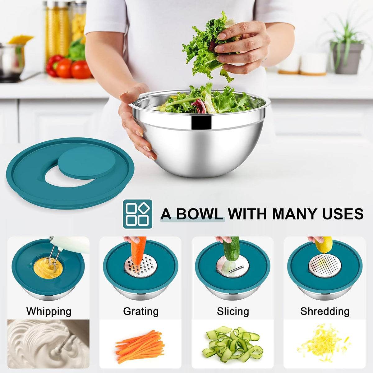 Stainless Steel Mixing Bowls with Lids Set, 5-Piece, Khaki