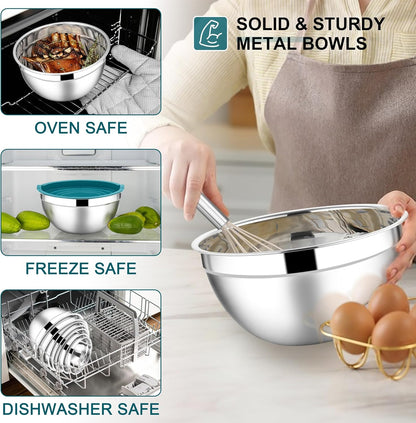 Stainless Steel Mixing Bowls with Lids Set, 5-Piece, Khaki
