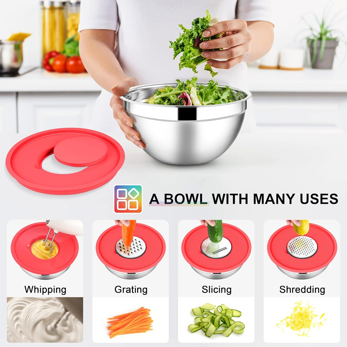 Stainless Steel Mixing Bowls with Lids Set, 5-Piece, Khaki
