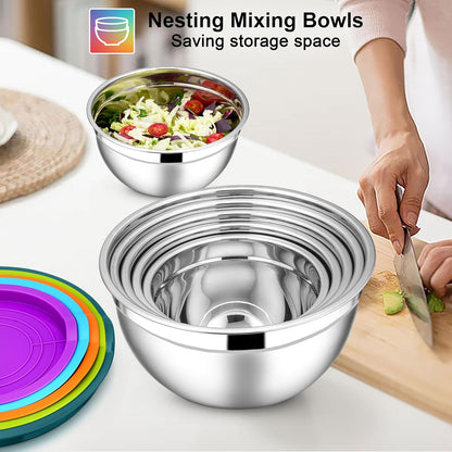 Stainless Steel Mixing Bowls with Lids Set, 5-Piece, Khaki