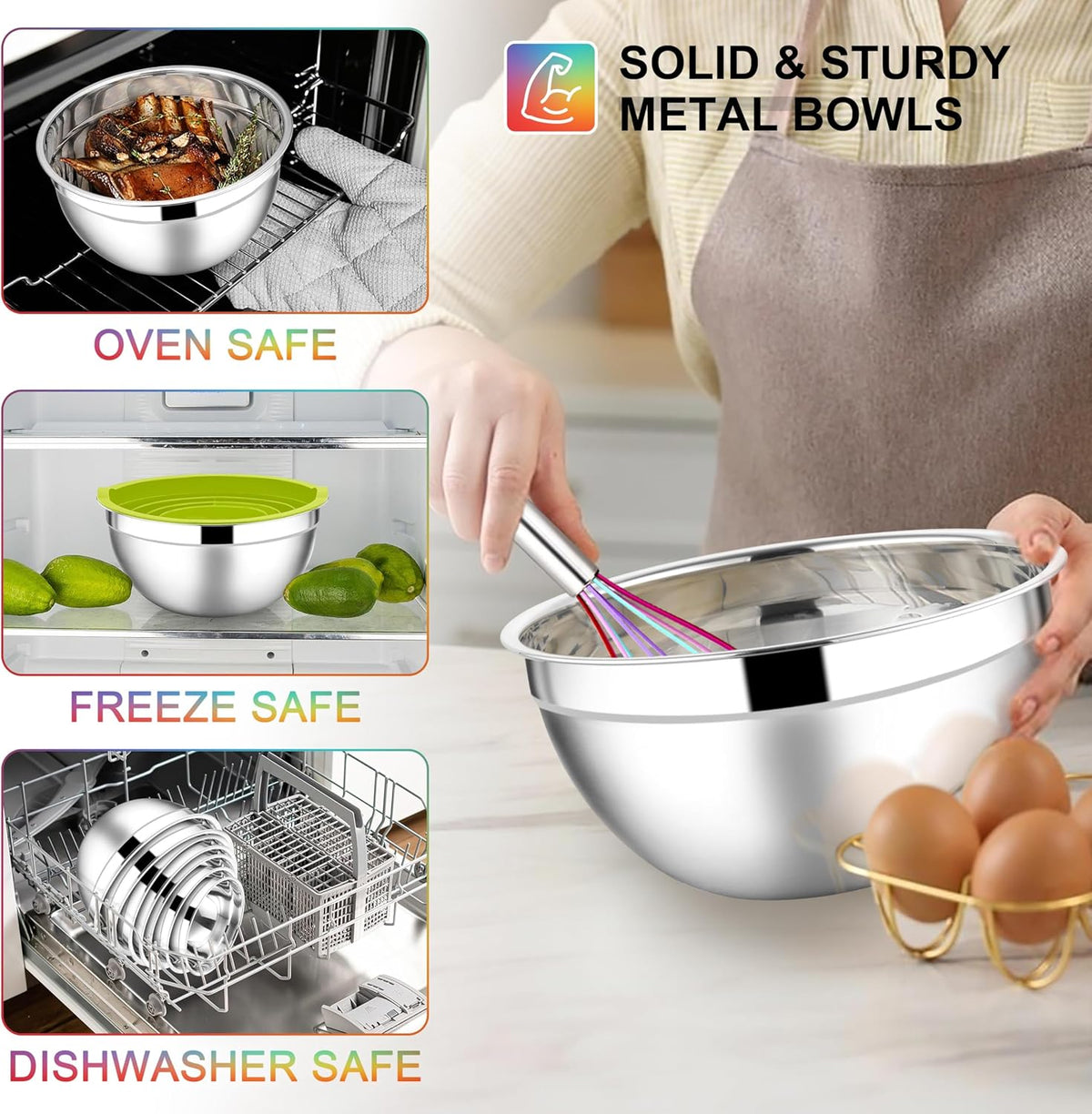 Stainless Steel Mixing Bowls with Lids Set, 5-Piece, Khaki