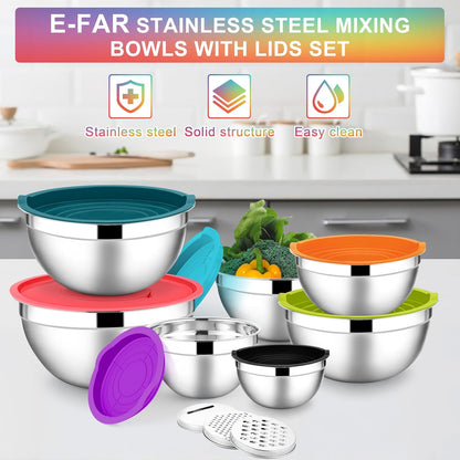 Stainless Steel Mixing Bowls with Lids Set, 5-Piece, Khaki