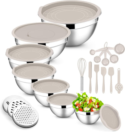 Stainless Steel Mixing Bowls with Lids Set, 5-Piece, Khaki