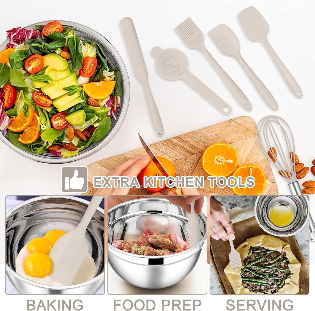 Stainless Steel Mixing Bowls with Lids Set, 5-Piece, Khaki