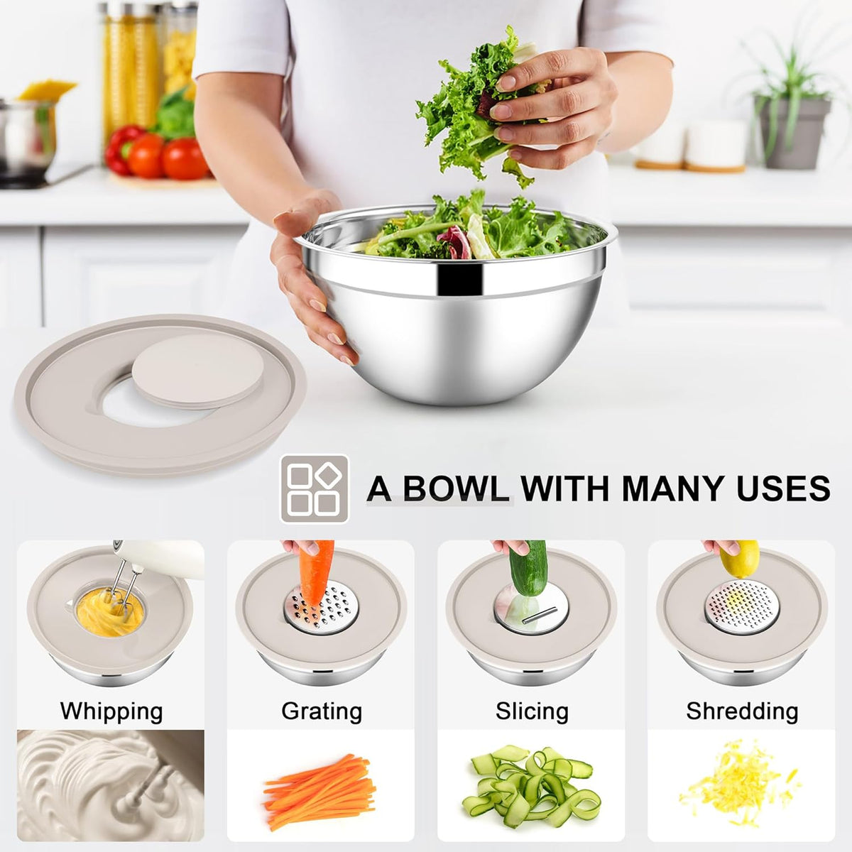 Stainless Steel Mixing Bowls with Lids Set, 5-Piece, Khaki