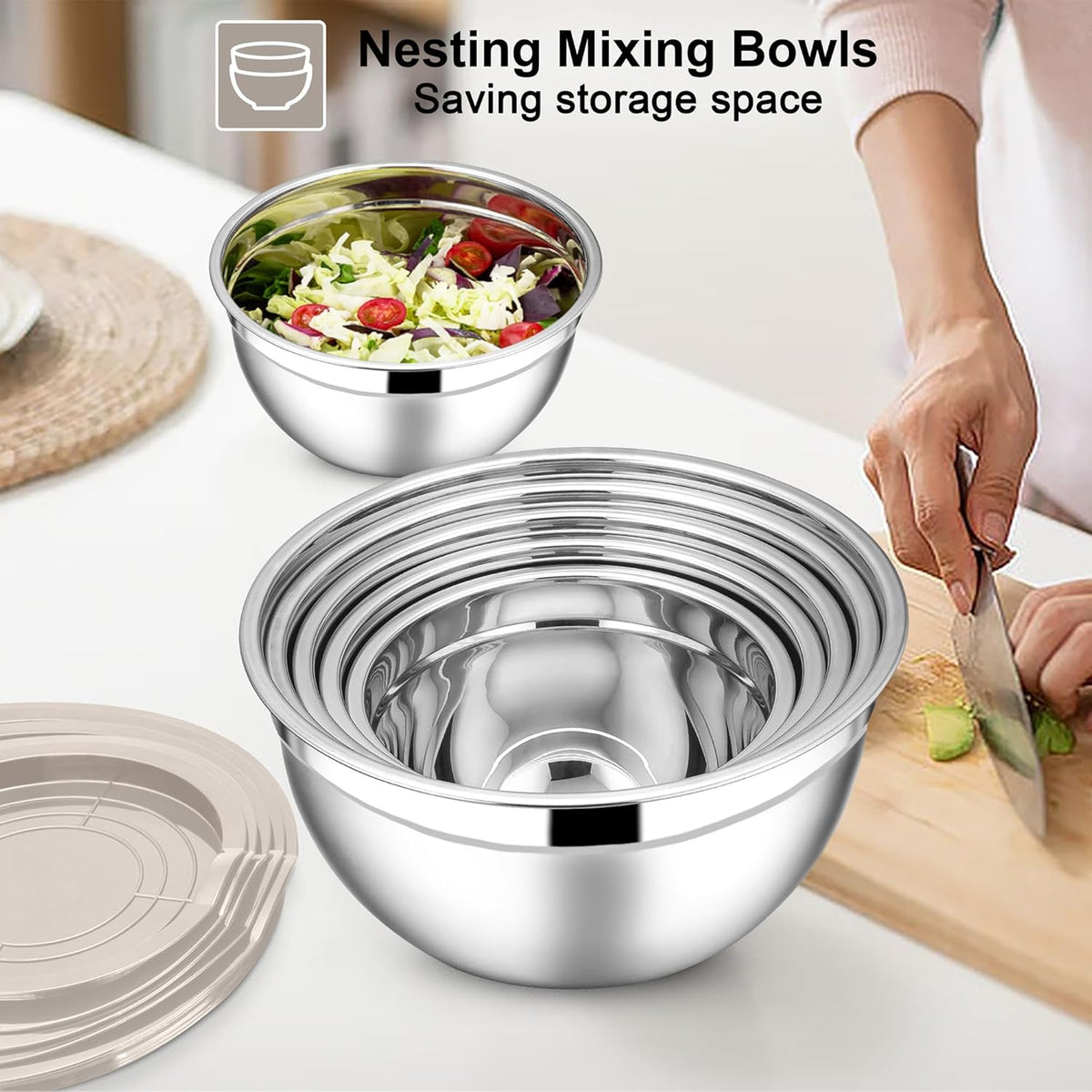 Stainless Steel Mixing Bowls with Lids Set, 5-Piece, Khaki
