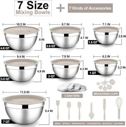 Stainless Steel Mixing Bowls with Lids Set, 5-Piece, Khaki