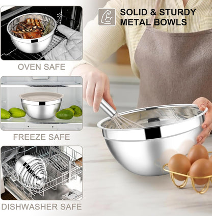 Stainless Steel Mixing Bowls with Lids Set, 5-Piece, Khaki