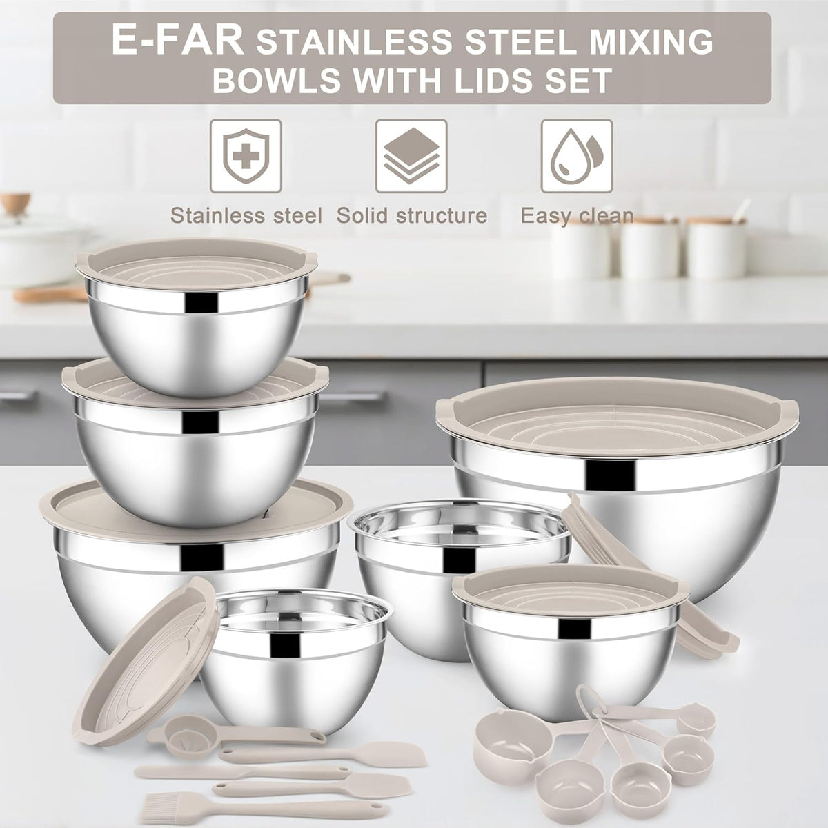 Stainless Steel Mixing Bowls with Lids Set, 5-Piece, Khaki