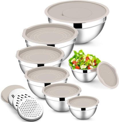 Stainless Steel Mixing Bowls with Lids Set, 5-Piece, Khaki