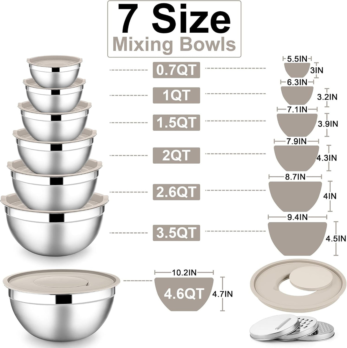 Stainless Steel Mixing Bowls with Lids Set, 5-Piece, Khaki