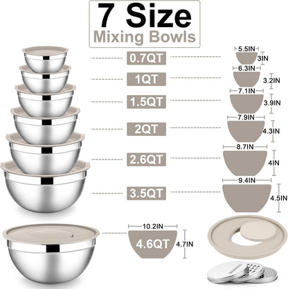 Stainless Steel Mixing Bowls with Lids Set, 5-Piece, Khaki