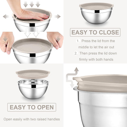 Stainless Steel Mixing Bowls with Lids Set, 5-Piece, Khaki