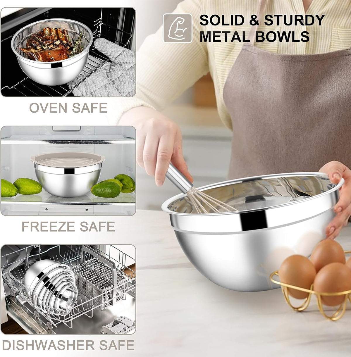 Stainless Steel Mixing Bowls with Lids Set, 5-Piece, Khaki