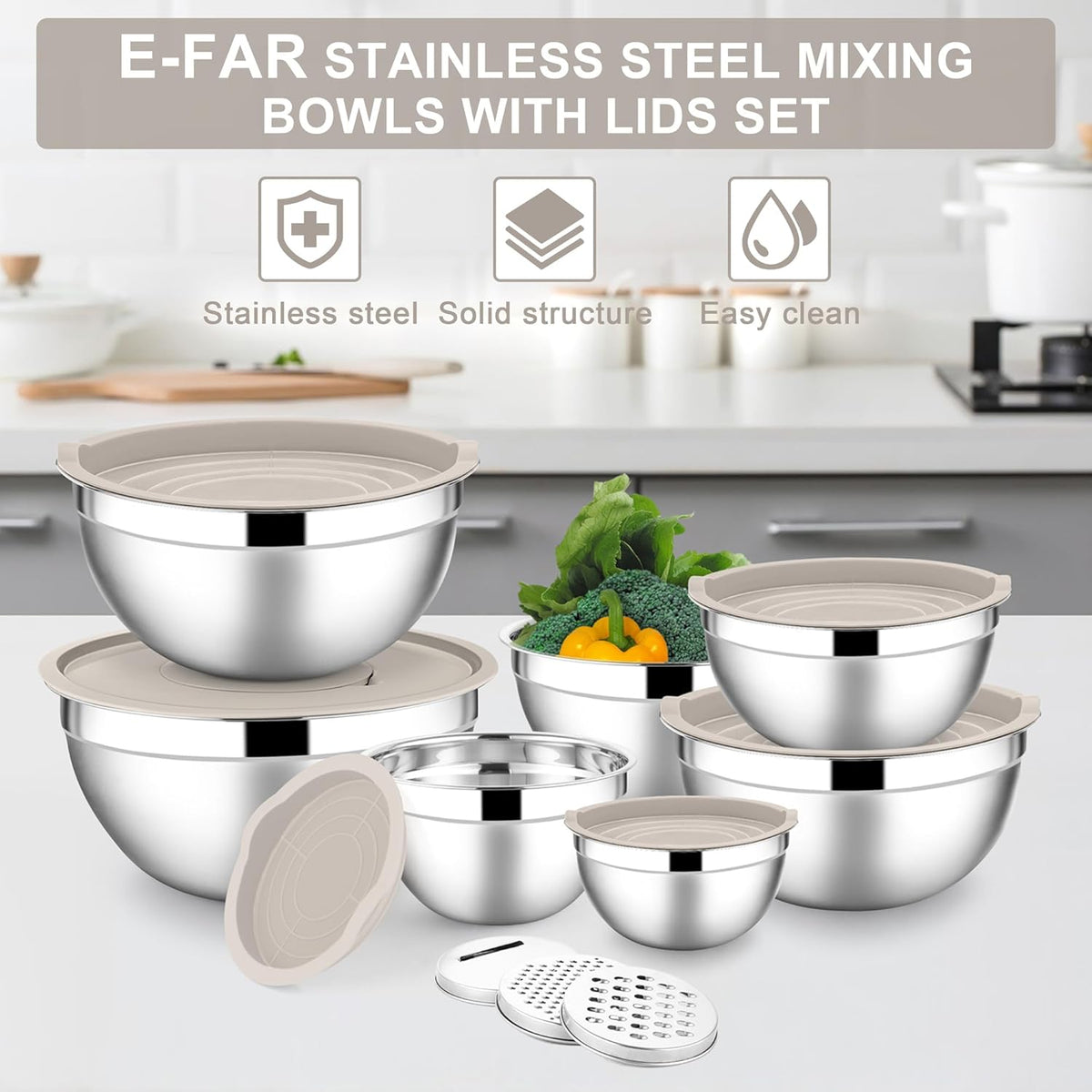 Stainless Steel Mixing Bowls with Lids Set, 5-Piece, Khaki