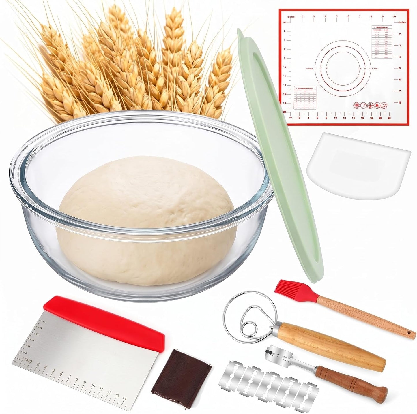 7 Pcs 4.7 Quart Large Glass Bowl for Sourdough Bread Starter Mixing Bowl for Sourdough Bread with Lid Sour Dough Baking Supplies Clear Proofing Container Sour dough Making Tool