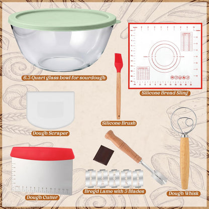 7 Pcs 4.7 Quart Large Glass Bowl for Sourdough Bread Starter Mixing Bowl for Sourdough Bread with Lid Sour Dough Baking Supplies Clear Proofing Container Sour dough Making Tool