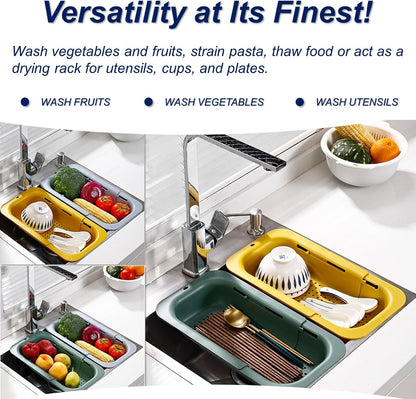 Extendable Sink Colander Strainer Basket - Wash Vegetables and Fruits, Drain Cooked Pasta and Dry Dishes - Adjustable Over the Sink Colander Collapsible Drainer Basket -Gray