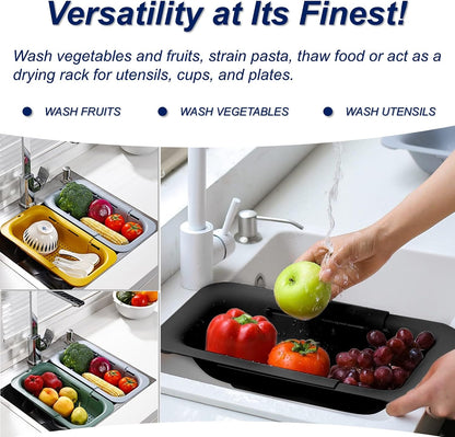 Extendable Sink Colander Strainer Basket - Wash Vegetables and Fruits, Drain Cooked Pasta and Dry Dishes - Adjustable Over the Sink Colander Collapsible Drainer Basket -Gray