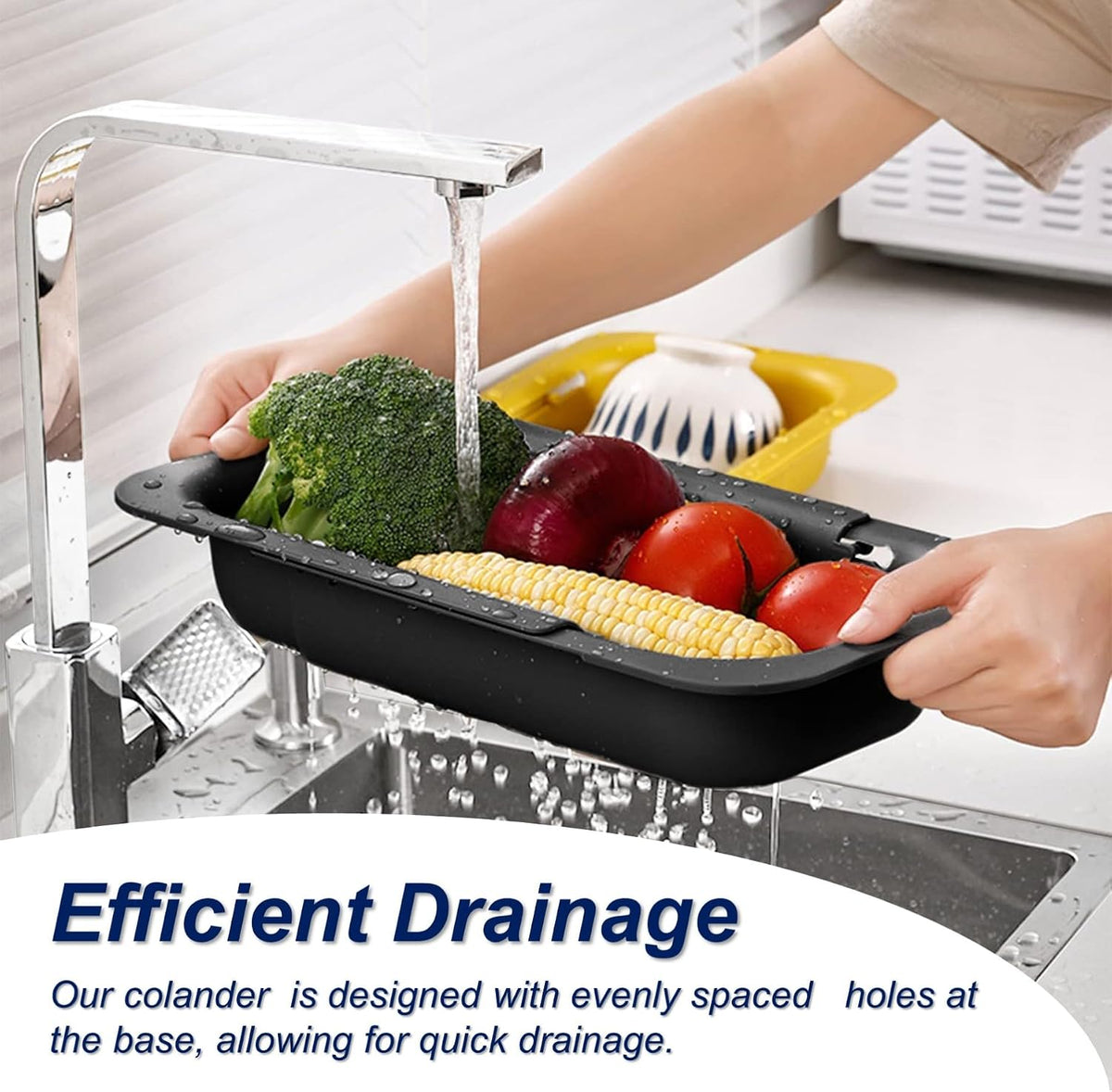 Extendable Sink Colander Strainer Basket - Wash Vegetables and Fruits, Drain Cooked Pasta and Dry Dishes - Adjustable Over the Sink Colander Collapsible Drainer Basket -Gray