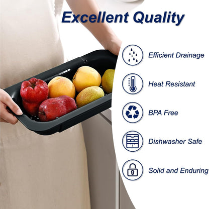 Extendable Sink Colander Strainer Basket - Wash Vegetables and Fruits, Drain Cooked Pasta and Dry Dishes - Adjustable Over the Sink Colander Collapsible Drainer Basket -Gray