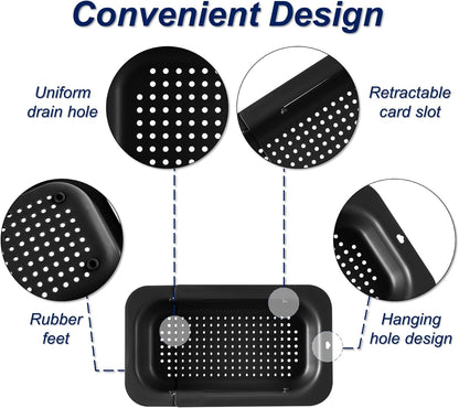 Extendable Sink Colander Strainer Basket - Wash Vegetables and Fruits, Drain Cooked Pasta and Dry Dishes - Adjustable Over the Sink Colander Collapsible Drainer Basket -Gray