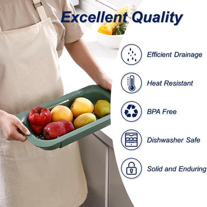 Extendable Sink Colander Strainer Basket - Wash Vegetables and Fruits, Drain Cooked Pasta and Dry Dishes - Adjustable Over the Sink Colander Collapsible Drainer Basket -Gray