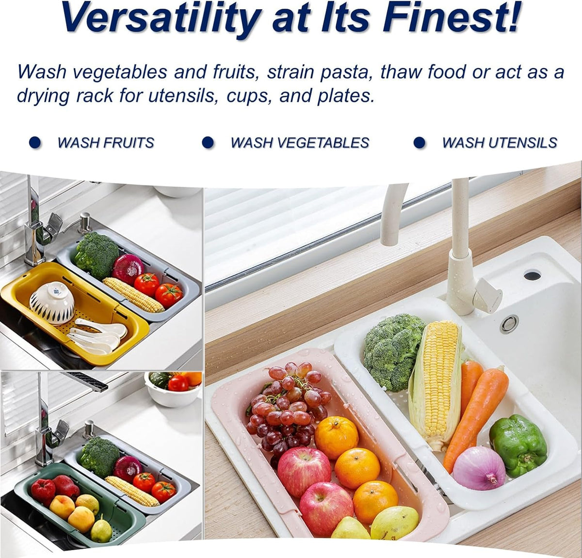 Extendable Sink Colander Strainer Basket - Wash Vegetables and Fruits, Drain Cooked Pasta and Dry Dishes - Adjustable Over the Sink Colander Collapsible Drainer Basket -Gray