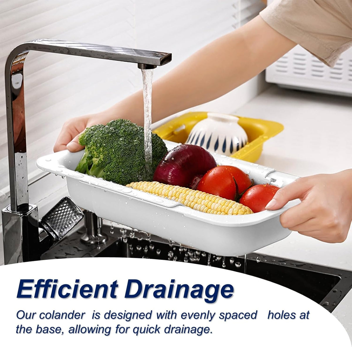 Extendable Sink Colander Strainer Basket - Wash Vegetables and Fruits, Drain Cooked Pasta and Dry Dishes - Adjustable Over the Sink Colander Collapsible Drainer Basket -Gray