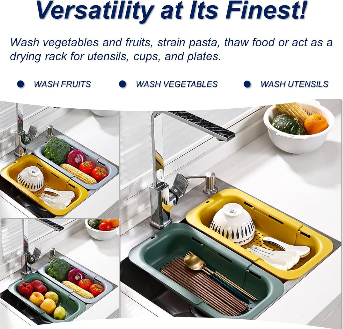 Extendable Sink Colander Strainer Basket - Wash Vegetables and Fruits, Drain Cooked Pasta and Dry Dishes - Adjustable Over the Sink Colander Collapsible Drainer Basket -Gray