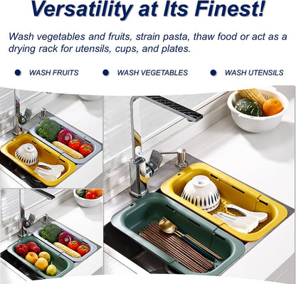 Extendable Sink Colander Strainer Basket - Wash Vegetables and Fruits, Drain Cooked Pasta and Dry Dishes - Adjustable Over the Sink Colander Collapsible Drainer Basket -Gray