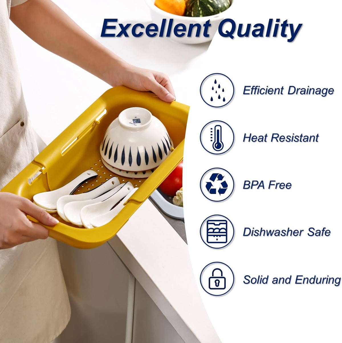 Extendable Sink Colander Strainer Basket - Wash Vegetables and Fruits, Drain Cooked Pasta and Dry Dishes - Adjustable Over the Sink Colander Collapsible Drainer Basket -Gray