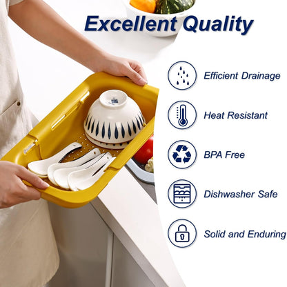 Extendable Sink Colander Strainer Basket - Wash Vegetables and Fruits, Drain Cooked Pasta and Dry Dishes - Adjustable Over the Sink Colander Collapsible Drainer Basket -Gray