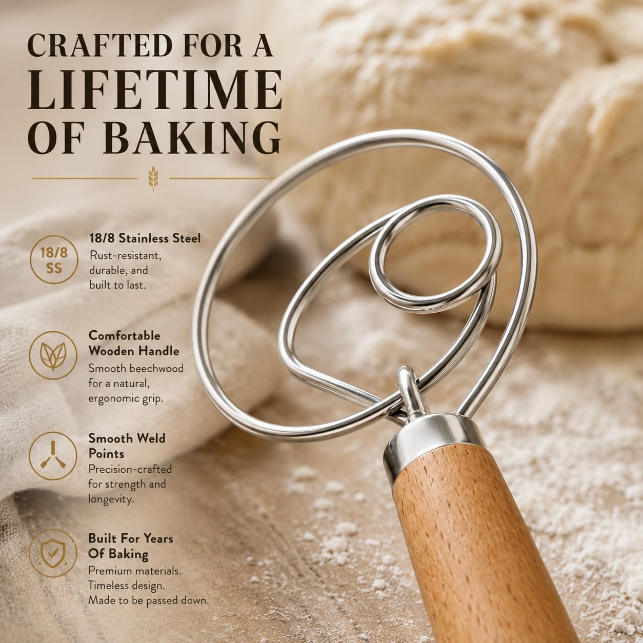 Baking Company Baker’s Dough Whisk, Single-Loop, 18/8 Stainless Steel, For Mixing Bread, Sourdough, Pizza, And Cookie Dough