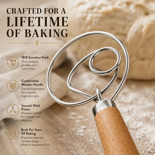 Baking Company Baker’s Dough Whisk, Single-Loop, 18/8 Stainless Steel, For Mixing Bread, Sourdough, Pizza, And Cookie Dough