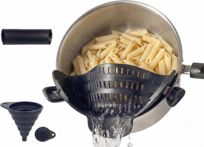 Clip On Strainer Silicone for Pots and Pans, Universal Fit Pasta Strainer and Pot Colander, Space Saving Food Drainer with Collapsible Funnel and Garlic Peeler, 3 Pcs Set, Black