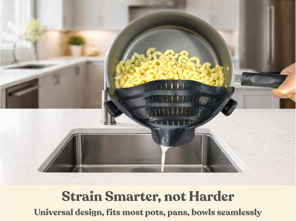 Clip On Strainer Silicone for Pots and Pans, Universal Fit Pasta Strainer and Pot Colander, Space Saving Food Drainer with Collapsible Funnel and Garlic Peeler, 3 Pcs Set, Black