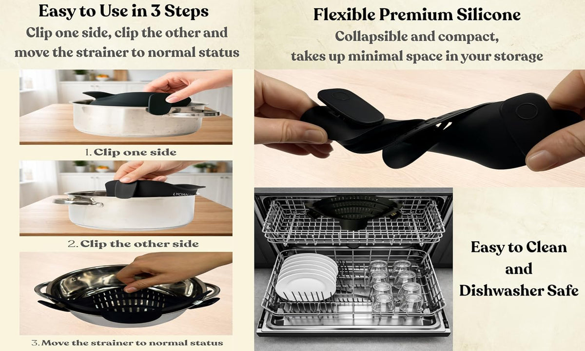 Clip On Strainer Silicone for Pots and Pans, Universal Fit Pasta Strainer and Pot Colander, Space Saving Food Drainer with Collapsible Funnel and Garlic Peeler, 3 Pcs Set, Black