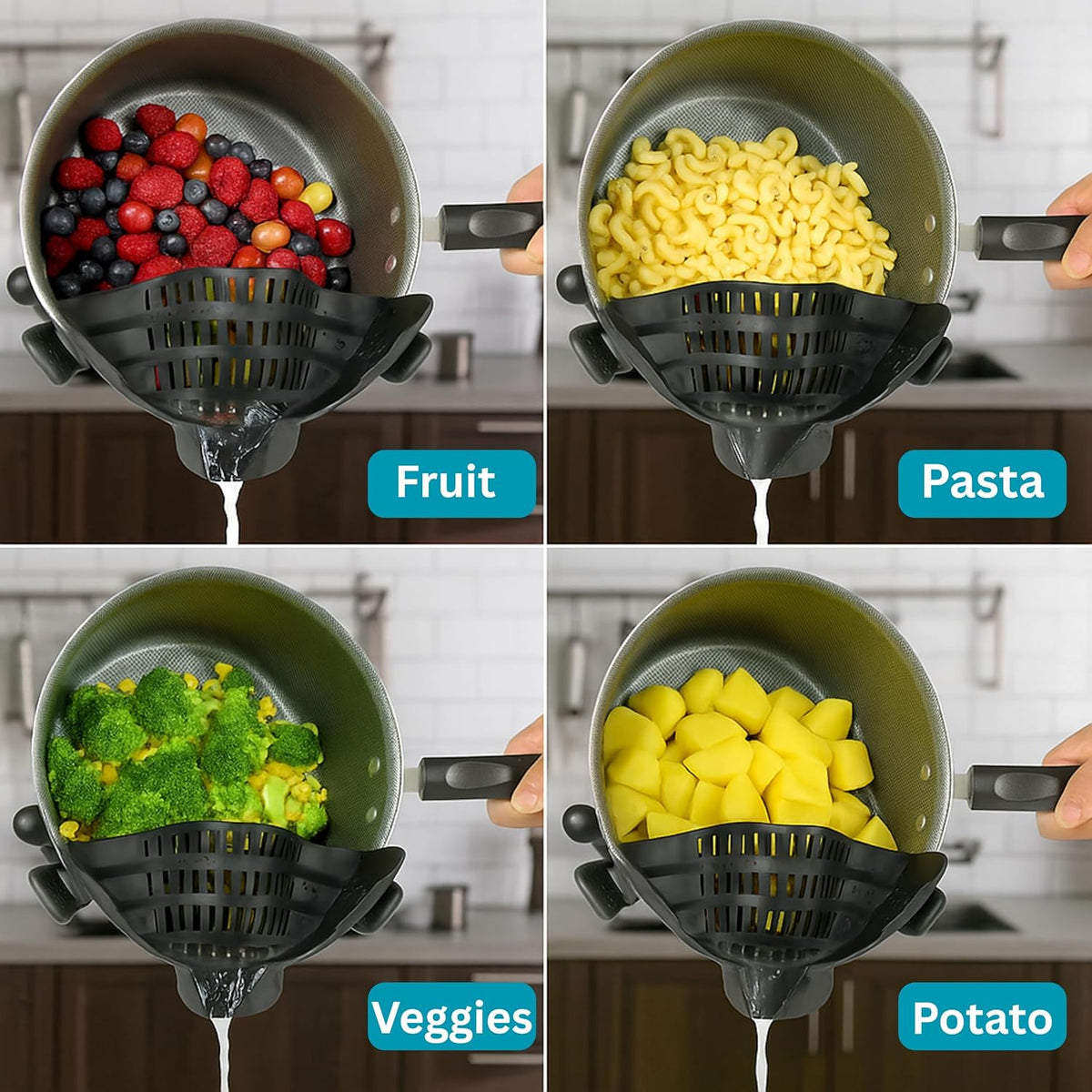 Clip On Strainer Silicone for Pots and Pans, Universal Fit Pasta Strainer and Pot Colander, Space Saving Food Drainer with Collapsible Funnel and Garlic Peeler, 3 Pcs Set, Black
