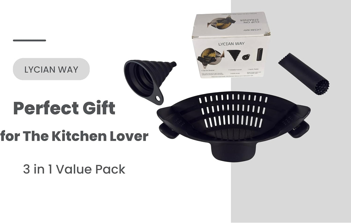 Clip On Strainer Silicone for Pots and Pans, Universal Fit Pasta Strainer and Pot Colander, Space Saving Food Drainer with Collapsible Funnel and Garlic Peeler, 3 Pcs Set, Black