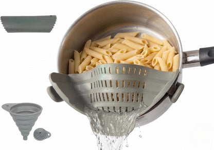 Clip On Strainer Silicone for Pots and Pans, Universal Fit Pasta Strainer and Pot Colander, Space Saving Food Drainer with Collapsible Funnel and Garlic Peeler, 3 Pcs Set, Black