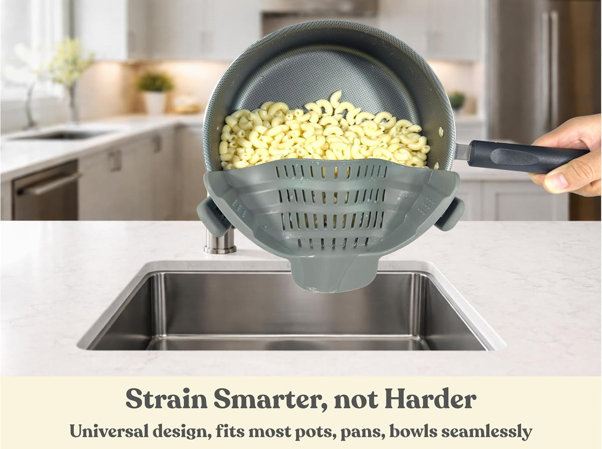 Clip On Strainer Silicone for Pots and Pans, Universal Fit Pasta Strainer and Pot Colander, Space Saving Food Drainer with Collapsible Funnel and Garlic Peeler, 3 Pcs Set, Black