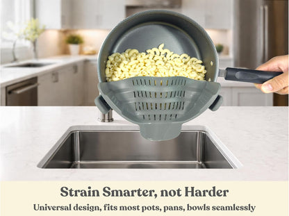 Clip On Strainer Silicone for Pots and Pans, Universal Fit Pasta Strainer and Pot Colander, Space Saving Food Drainer with Collapsible Funnel and Garlic Peeler, 3 Pcs Set, Black