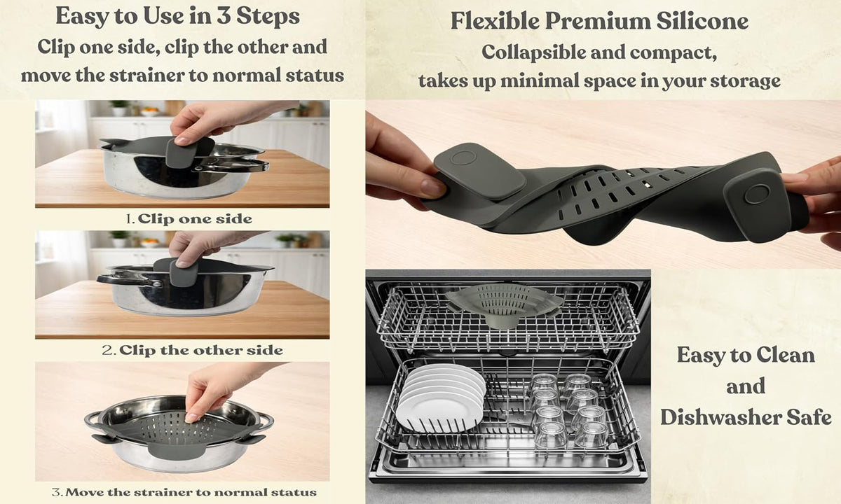 Clip On Strainer Silicone for Pots and Pans, Universal Fit Pasta Strainer and Pot Colander, Space Saving Food Drainer with Collapsible Funnel and Garlic Peeler, 3 Pcs Set, Black