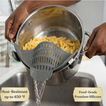 Clip On Strainer Silicone for Pots and Pans, Universal Fit Pasta Strainer and Pot Colander, Space Saving Food Drainer with Collapsible Funnel and Garlic Peeler, 3 Pcs Set, Black