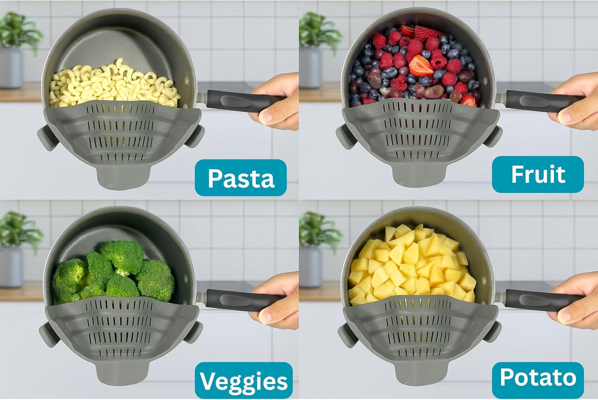 Clip On Strainer Silicone for Pots and Pans, Universal Fit Pasta Strainer and Pot Colander, Space Saving Food Drainer with Collapsible Funnel and Garlic Peeler, 3 Pcs Set, Black