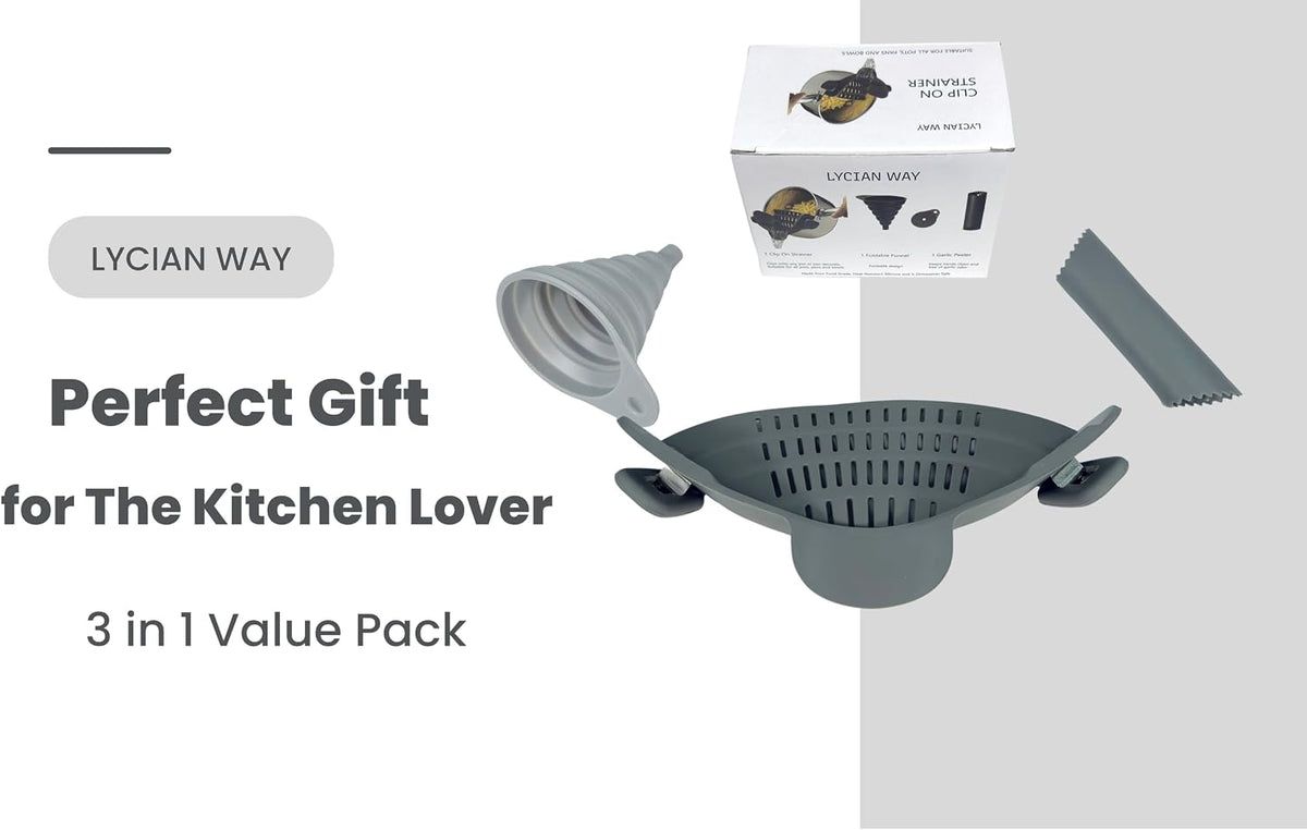 Clip On Strainer Silicone for Pots and Pans, Universal Fit Pasta Strainer and Pot Colander, Space Saving Food Drainer with Collapsible Funnel and Garlic Peeler, 3 Pcs Set, Black
