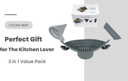 Clip On Strainer Silicone for Pots and Pans, Universal Fit Pasta Strainer and Pot Colander, Space Saving Food Drainer with Collapsible Funnel and Garlic Peeler, 3 Pcs Set, Black