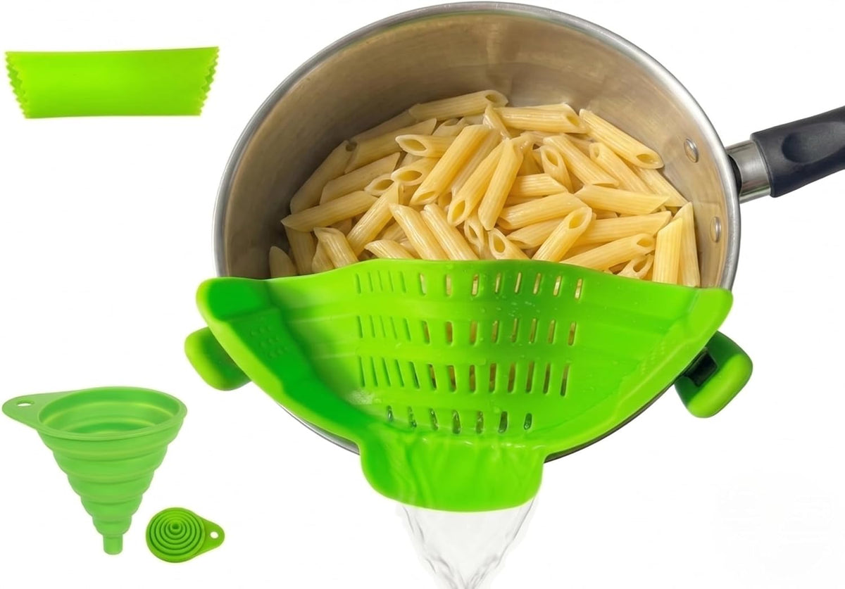 Clip On Strainer Silicone for Pots and Pans, Universal Fit Pasta Strainer and Pot Colander, Space Saving Food Drainer with Collapsible Funnel and Garlic Peeler, 3 Pcs Set, Black
