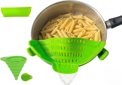 Clip On Strainer Silicone for Pots and Pans, Universal Fit Pasta Strainer and Pot Colander, Space Saving Food Drainer with Collapsible Funnel and Garlic Peeler, 3 Pcs Set, Black